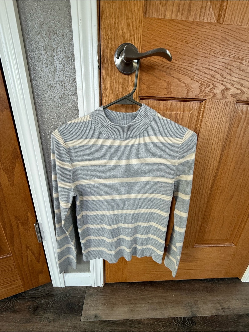 BE COOL Gray and Cream Striped Mock Neck Sweater